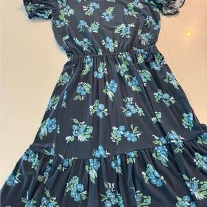 LOFT Blue Ruffled Tiered Sundress with Puff Sleeves